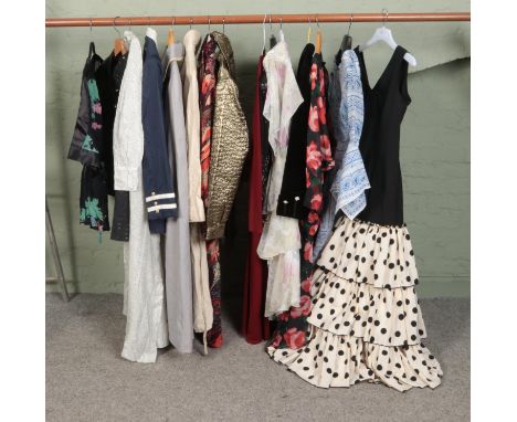A box of assorted vintage clothing and accessories to include Manuela Marcias flamenco gown, Frank Usher, The Scotch House, W
