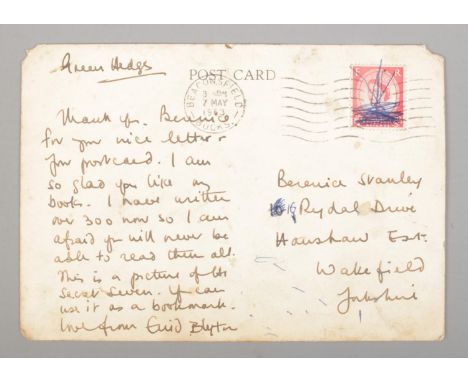 Enid Blyton (1897-1968), Good Luck From The Secret Seven colour postcard corresponding to a fan. Bearing Beaconsfield, Buckin