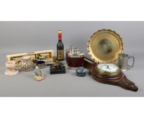 A quantity of collectables, to include barometer, hip flasks, hinged pill box and propeller candlestick.  
