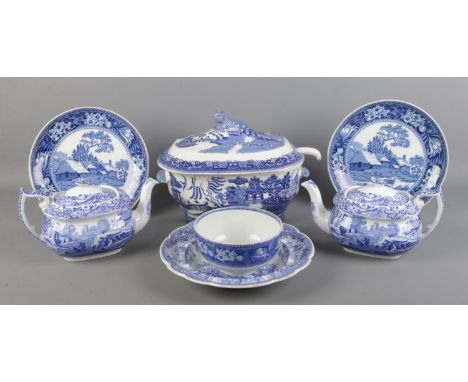 A small collection of blue and white ceramics, to include two Copeland Spode teapots, Wedgwood 'Fallow Deer' bowl and plates 