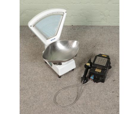 A set of Trent shop scales along with a Funke &amp; Huster Fernsig wall mounted telephone.  