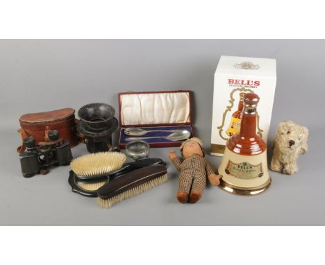 A box of collectables to include boxed and sealed Bell's Whiskey bell, Chad Valley toy dog, vanity set, etc.  