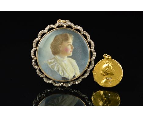 TWO LATE 19TH CENTURY PENDANTS, to include a gold circular diamond portrait pendant, circular design housing a portrait of a 