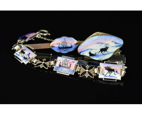 THREE ITEMS OF NORWEGIAN ENAMEL JEWELLERY BY O.F. HJORTDAHL, to include a bracelet designed as rectangular enamel panels depi