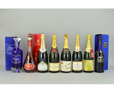 EIGHT BOTTLES COMPRISING OF COGNAC, CHAMPAGNE, SPARKLING WINE, VODKA AND SHERRY, consisting of Otard Cognac, Moet &amp; Chand