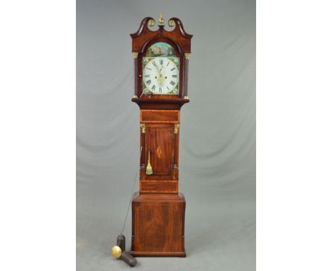 A GEORGE III WALNUT AND SATINWOOD BANDED EIGHT DAY LONGCASE CLOCK, the hood with swan neck pediment and central eagle pendant