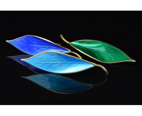 THREE NORWEGIAN ENAMEL LEAF BROOCHES BY WILLY WINNAESS FOR DAVID ANDERSEN, all of the same single leaf design in light blue, 