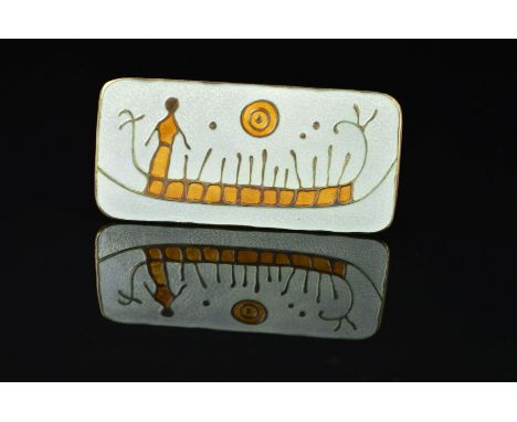 A NORWEGIAN ENAMEL ROCK CARVING BROOCH BY DAVID ANDERSON, of curved rectangular outline, depicting a rock carving in orange e