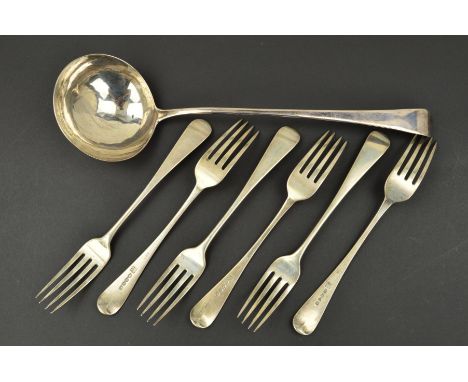 A SET OF SIX GEORGE III SILVER OLD ENGLISH PATTERN TABLE FORKS, makers Peter &amp; William Bateman, London 1808, approximate 