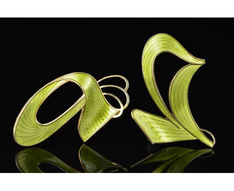 TWO NORWEGIAN ENAMEL BROOCHES BY IVAR T. HOLTH, both of different graduated, curved, abstract design, both in olive green gui