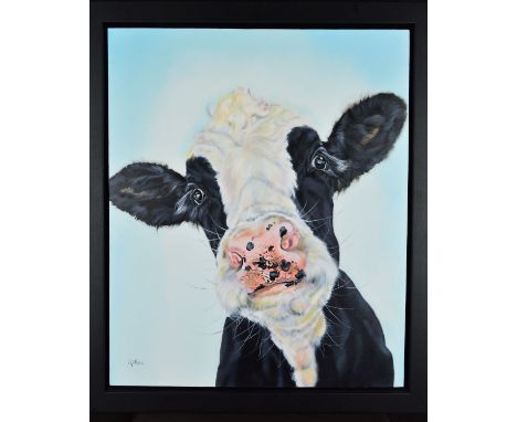 CAROL GILLAN (BRITISH 1961), 'Bluebelle', a quirky portrait of a cow, oil on canvas, signed bottom left, with original bill o
