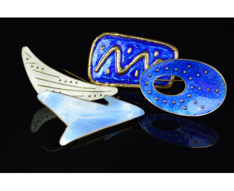 FOUR NORWEGIAN ENAMEL BROOCHES BY OYSTEIN BALLE, the first of oval outline, with star shapes to the blue enamel background an