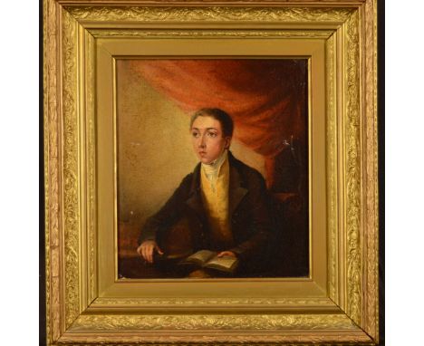 T (?) BALLARD (BRITISH, EARLY 19TH CENTURY), Half length portrait of a young man seated at a table with an open book resting 