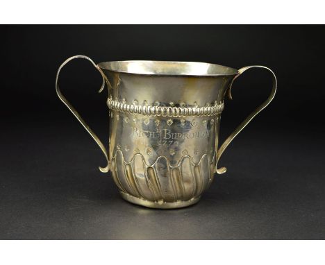 A GEORGE III SILVER PORRINGER, 'S' scroll strap handles, cartouche blind, engraved on reverse side 'RICHD : BURROUGH 1770', f