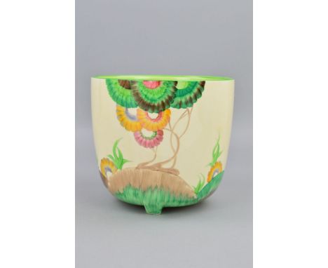 CLARICE CLIFF FOR WILKINSON LTD, a Rodanthe pattern jardiniere from the Bizzare Range, predominantly in a green colourway, ra