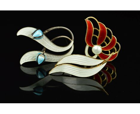 THREE NORWEGIAN ENAMEL BROOCHES BY ASKEL HOLMSEN, the first a stylised white guilloche enamel leaf, the second designed with 