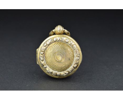 A GEORGE IV SILVER GILT WATCH CASE VINAIGRETTE, engine turned decoration with foliate border in relief, worn gilt interior wi