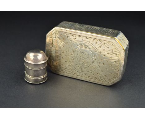 A GEORGE III SILVER SNUFF BOX, of canted rectangular form, bright cut engraved, the hinged cover with engraved monogram to th