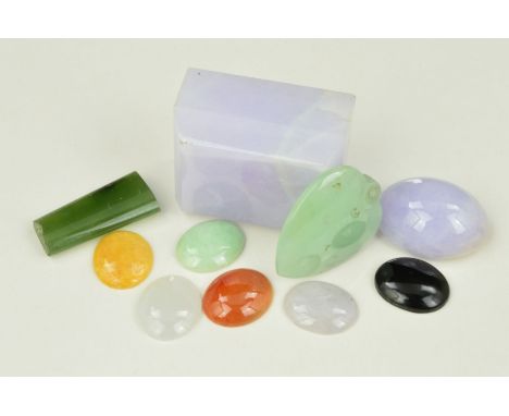 A COLLECTION OF JADEITE AND NEPHRITE JADE, mixed colours to include pale green, brownish yellow, orange, black, lilac and whi
