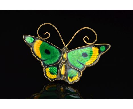 A NORWEGIAN ENAMEL BUTTERFLY BROOCH BY DAVID ANDERSEN, in green, yellow and black guilloche enamel, with maker's mark, stampe