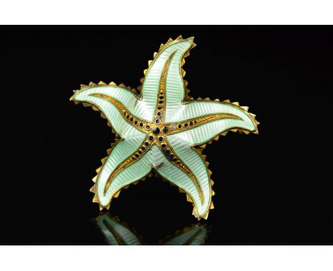 A NORWEGIAN ENAMEL BROOCH BY IVAR T. HOLTH, designed as a starfish with guilloche mint green enamel and black enamel detail, 