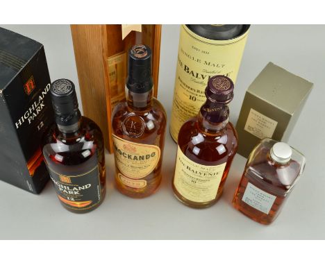 THREE BOTTLES OF SINGLE MALT, comprising a bottle of Highland Park Single Malt Scotch Whisky from the Orkney Islands, aged 12