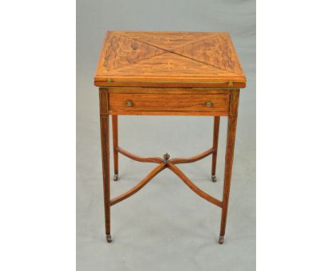 A VICTORIAN ROSEWOOD, ROSEWOOD SIMULATED AND INLAID ENVELOPE TOP CARD TABLE, of square form, each triangular section of the t