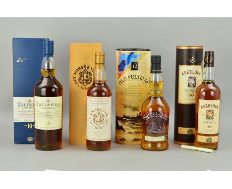 FOUR BOTTLES OF SINGLE MALT, comprising a bottle of Talisker Single Malt Scotch Whisky, aged 10 years, 45.8% vol, 1 litre, fi