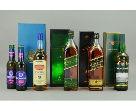 FOUR BOTTLES OF BLENDED SCOTCH WHISKY, comprising a bottle of Johnnie Walker Green Label, aged 15 years, 43% vol, a bottle of