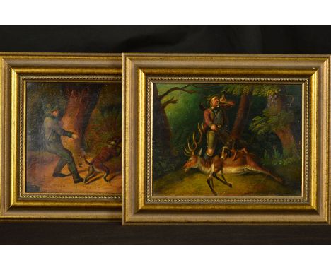 20TH CENTURY CONTINENTAL SCHOOL, Stag hunting scenes, man with hound on lead following a stag in a woodland landscape and com