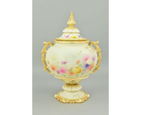 A GRAINGER &amp; CO WORCESTER TWIN HANDLED URN AND COVER, of squat baluster form, blush ivory ground, painted with floral spr