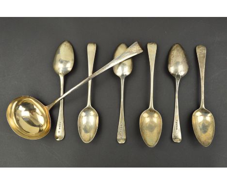 A GEORGE III SILVER OLD ENGLISH PATTERN SOUP LADLE, engraved crest, maker Richard Crossley, London 1800, together with a matc