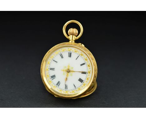 AN EARLY 20TH CENTURY 18CT GOLD SMALL OPEN FACED POCKET WATCH, white gold inlaid, enamel dial unsigned, watch measuring appro