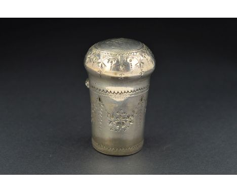 A GEORGE III SILVER SNUFF BOX, of walking cane top shape, the hinged domed top engraved with monogram surrounded by engraved 