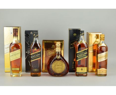FIVE BOTTLES OF JOHNNIE WALKER BLENDED SCOTCH WHISKY, comprising a bottle of Gold Label Scotch Whisky 'Centenary Blend', aged