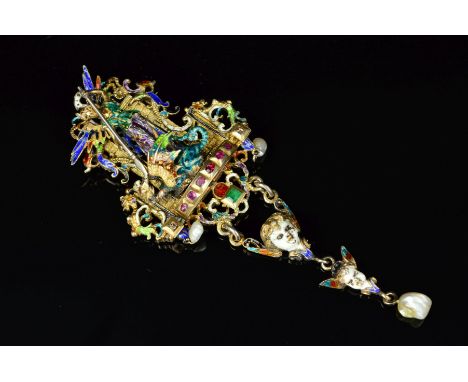 A 19TH CENTURY AUSTRO HUNGARIAN LARGE BROOCH, depicting a winged figure slaying a dragon, suspending enamelled cherubs and pe