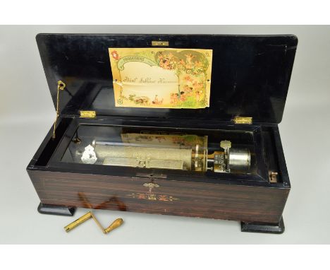 A LATE 19TH CENTURY MERMOD ROSEWOOD, SIMULATED ROSEWOOD, EBONISED AND INLAID INTERCHANGABLE CYLINDER MUSIC BOX, the hinged co