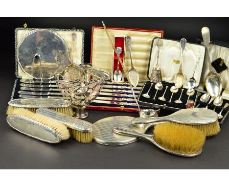 A PARCEL OF SILVER MOUNTED DRESSING TABLE ITEMS, etc, including two hand mirrors, two hair brushes, etc, together with a whit