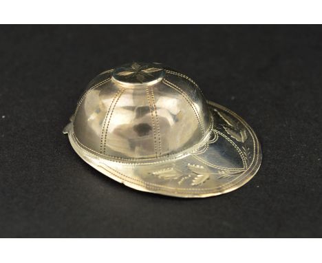 A GEORGE III SILVER JOCKEY'S CAP CADDY SPOON, pricked and bright cut decoration, maker's initials I.T, possibly Joseph Taylor