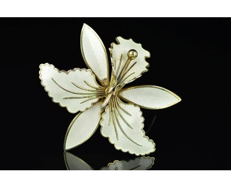 A NORWEGIAN ENAMEL BROOCH BY ASKEL HOLMSEN, designed as a white guilloche enamel lily, with maker's mark, stamped 925S Sterli