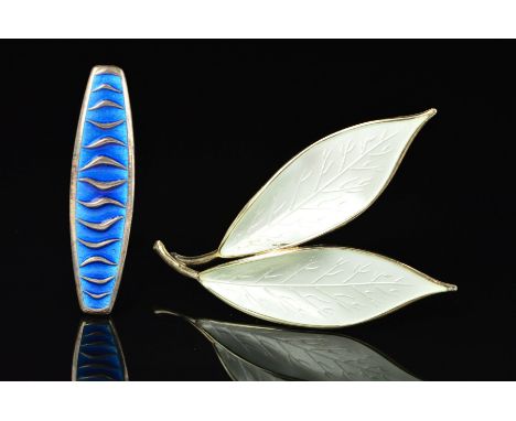 TWO NORWEGIAN ENAMEL BROOCHES BY DAVID ANDERSEN, the first designed as a double leaf brooch in white guilloche enamel, by Wil