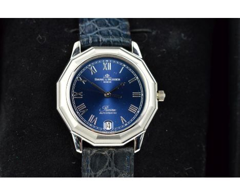 A LATE 20TH CENTURY BAUME AND MERCIER RIVIERA STAINLESS STEEL WRISTWATCH, blue dial with date window at six o'clock position,