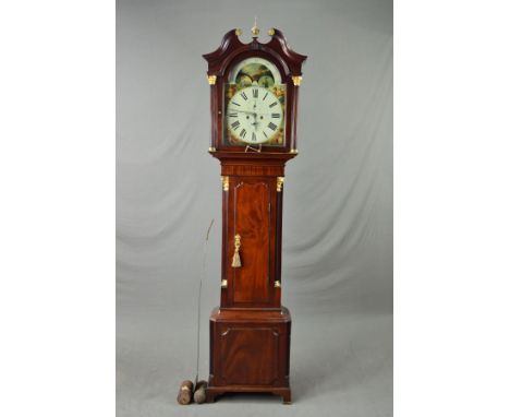 A GEORGE III MAHOGANY CASED EIGHT DAY LONGCASE CLOCK, the broken swan neck pediment with central brass spherical mount on gil