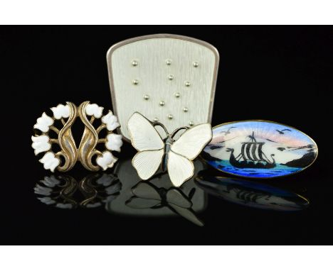 FOUR DESIGNER NORWEGIAN ENAMEL BROOCHES, to include a white enamel floral brooch by Monster Beskyttet, a white and black guil