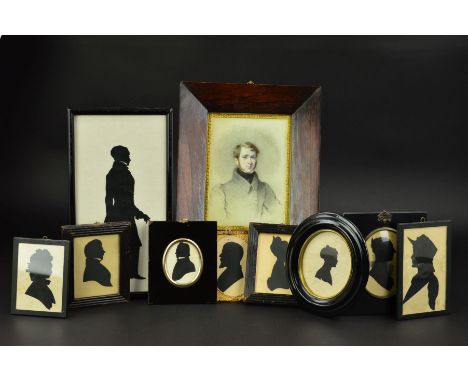 NINE 19TH CENTURY FRAMED SILHOUETTES OF LADIES AND GENTLEMAN, including a pair of wooden framed, inscribed verso in sepia ink