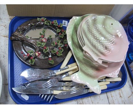 Shorter &amp; Sons, Fish Serving Platter and six individual dinner plates, ceramic wall hangings, cutlery:- One Tray.