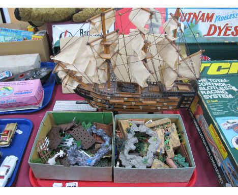 HMS Victory Model 43cm long, Stylophone, Britains and two other plastic farmyard models:- One Tray