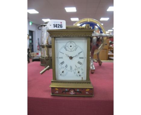 A XX Century Brass Carriage Clock, with white enamel dial and Roman numerals, three subsidiary dials, (glass panel on top nee