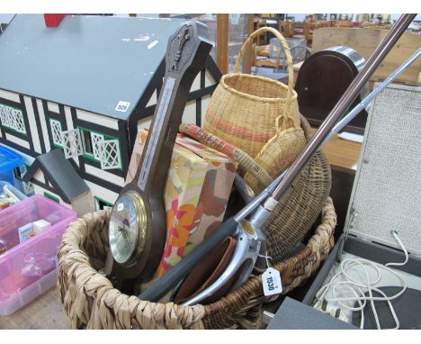 Shooting Stick, golf putter, Comitti barometer and a selection of woven and wicker baskets.