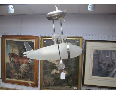 Novelty Ceiling Light as a Mid XX Century Plane, having frosted glass fusilage, perspex wings and metal mounts, 40cm high.